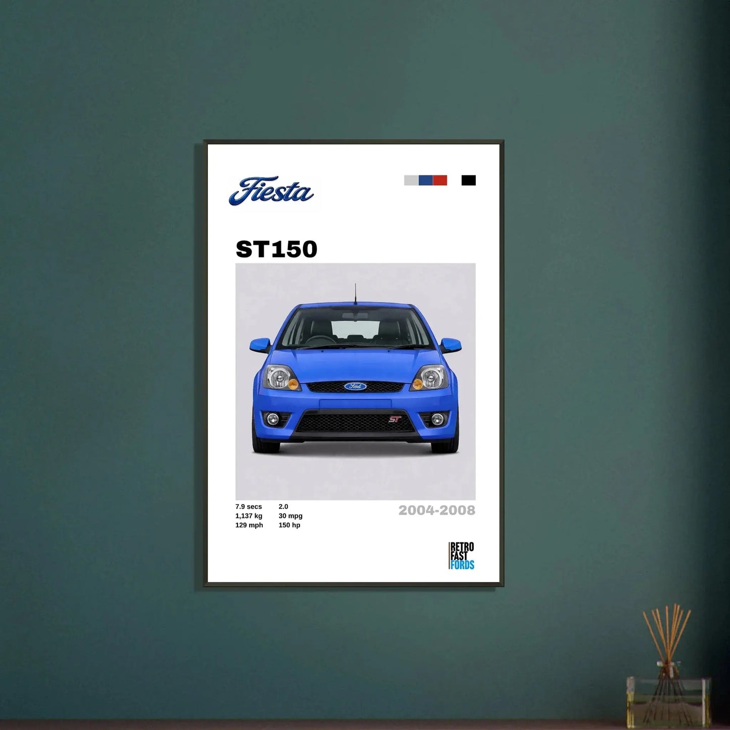 Ford Fiesta ST150 Blue Retro Showroom Metal Framed Poster Retro Fast Fords