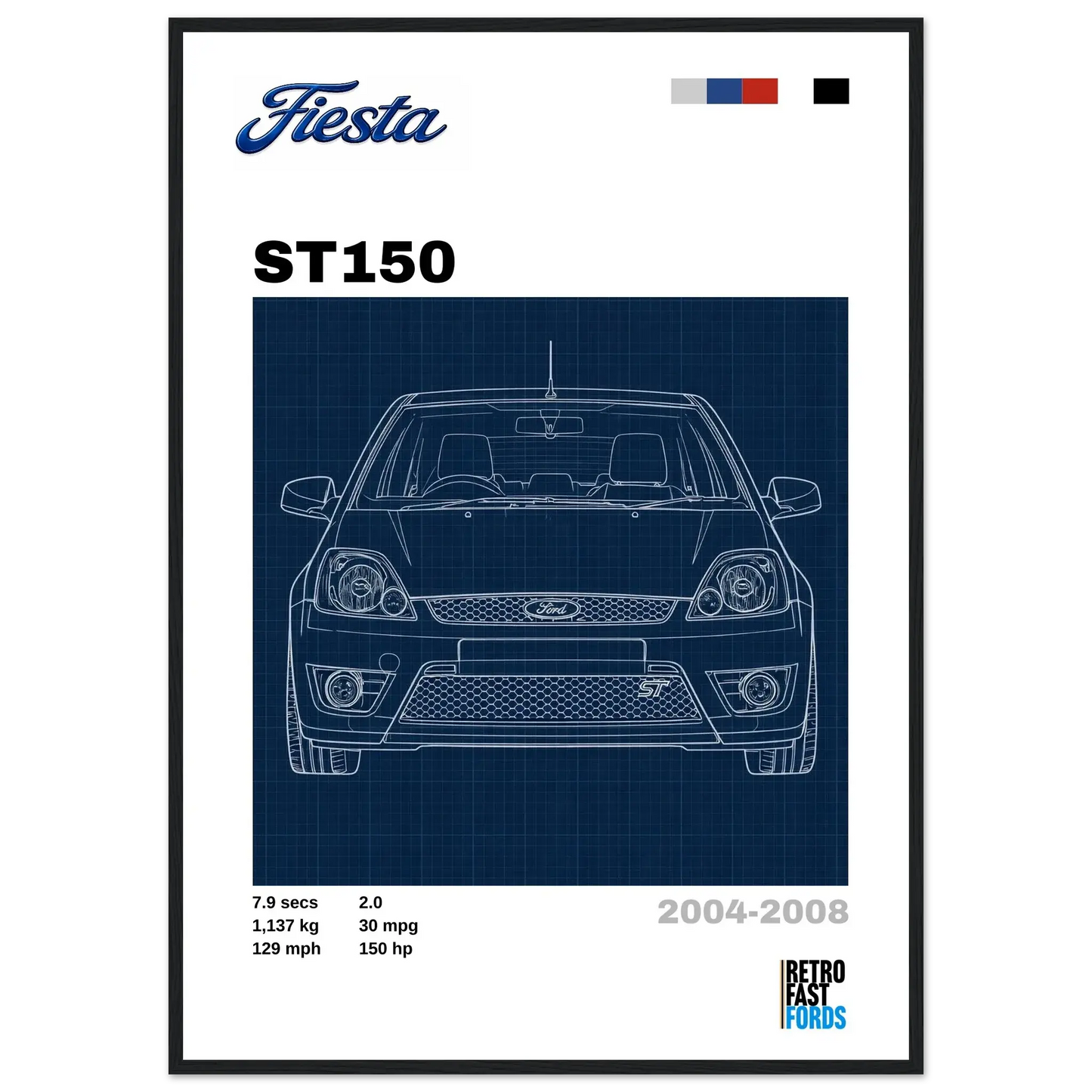 Ford Fiesta ST150 Retro Showroom Wooden Framed Poster Retro Fast Fords